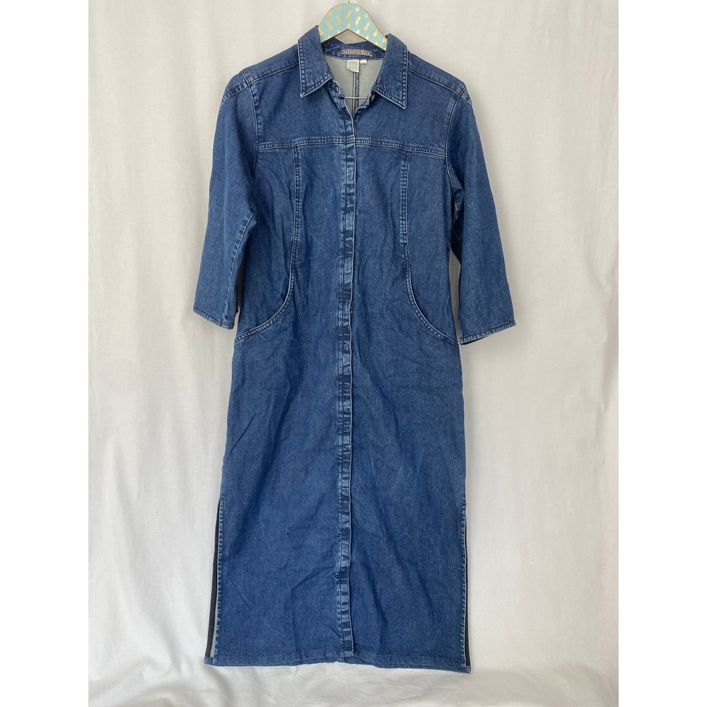 Isabella Bird Denim Midi Dress Women 10 M Blue Button Front Stretch Pockets Y2K